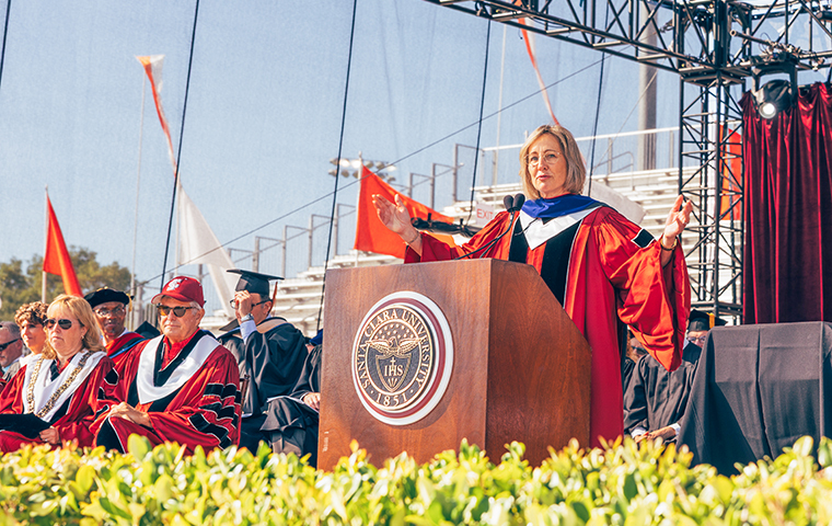 Commencement 2026 speaker Dee Dee Myers at podium