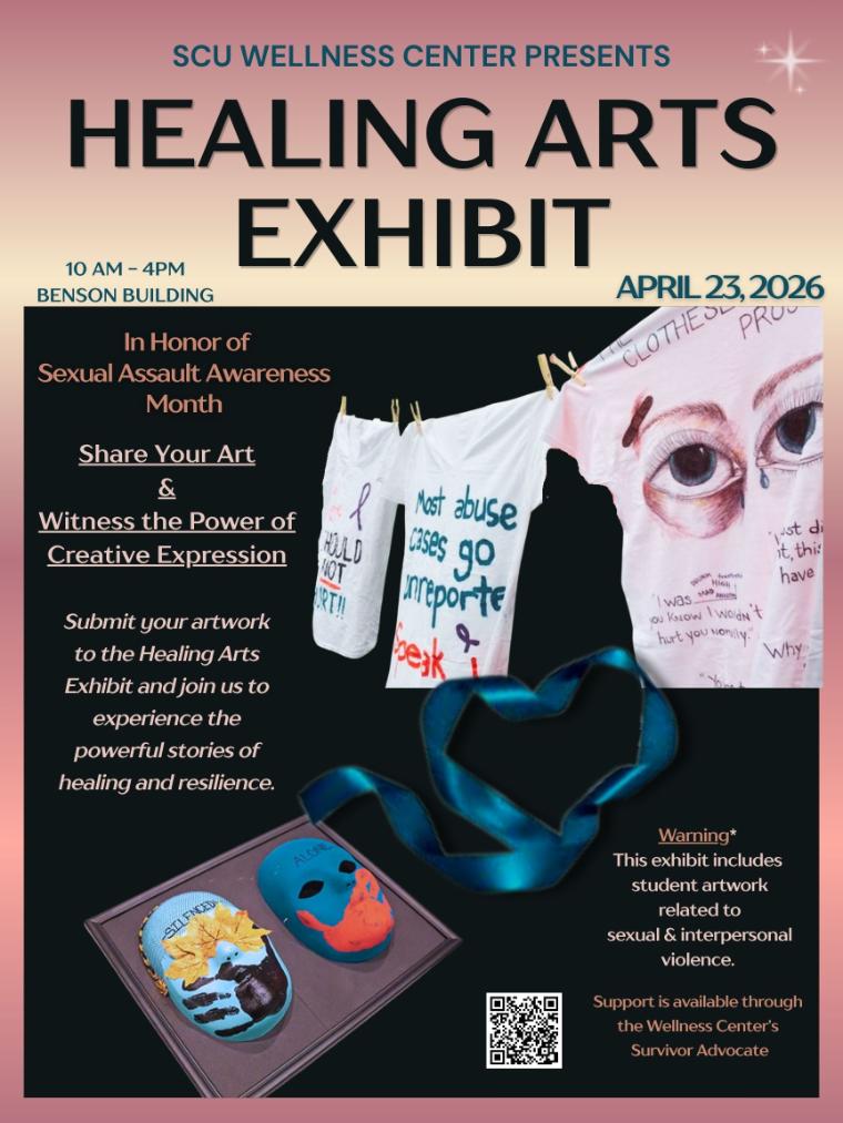 Flyer for healing arts exhibit and theres t-shirts on a clothesline and painted masks with further details