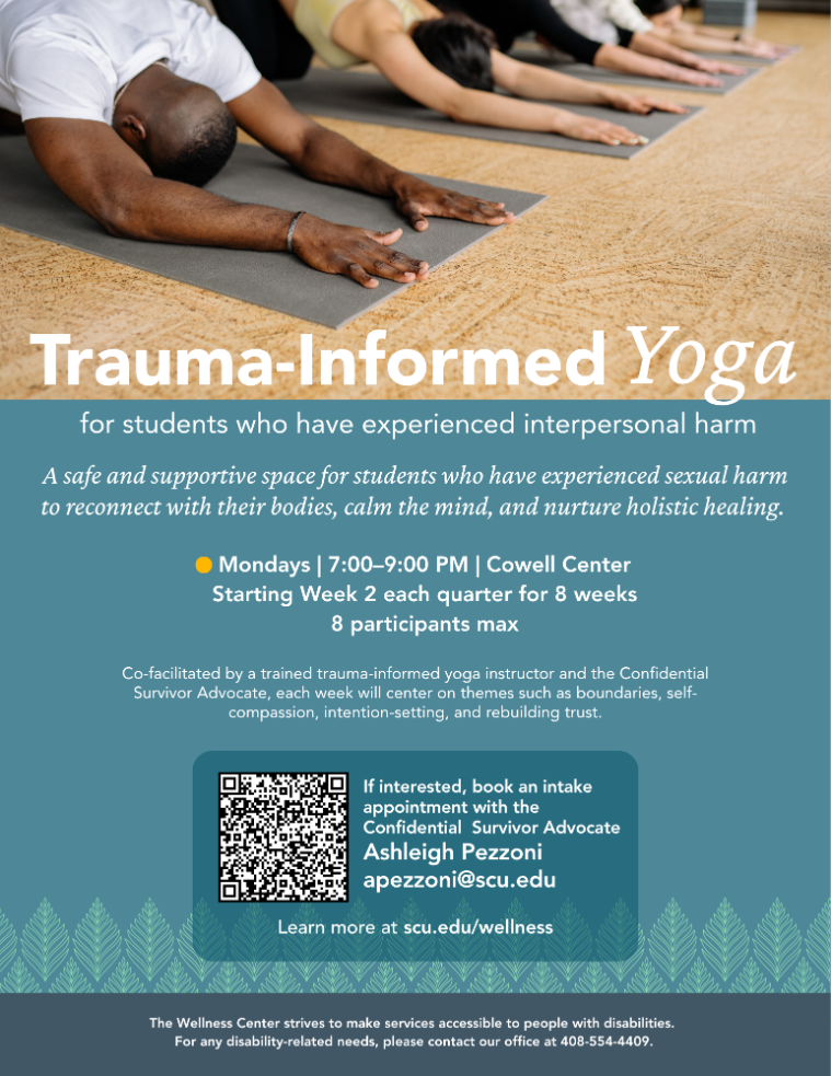 People doing yoga with a description for a trauma-informed yoga group