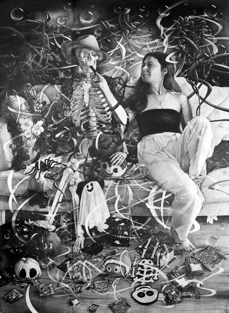 Girl sitting with skeleton