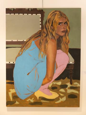 painting artwork of a girl in blue dress