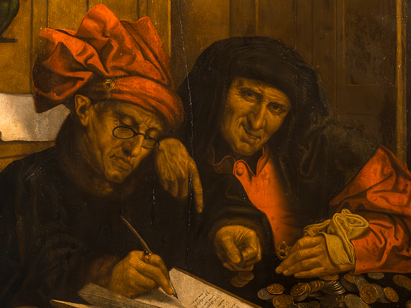 Painting of two men from the Renaissance era look over financial books, one looking directly at the viewer.