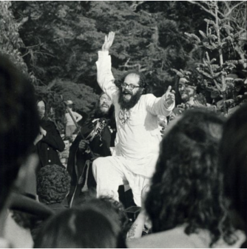 Poet Allen Ginsberg dancing at the Human Be-In in Golden Gate Park, 1967