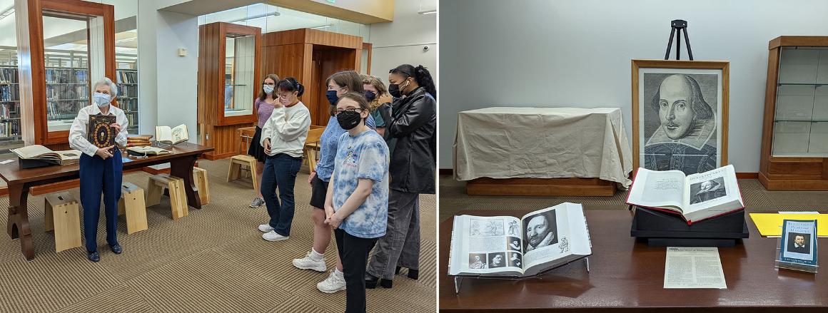 Students viewing a facsimilie of Shakespeares First Folio at SCUs Library