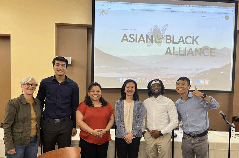 Left to right:  Michelle Burnham (English), Darrien Mitri (26, Communication), Sonia Gomez (History), Hsin-I Cheng (Communication), Jose Kabeer (AIMS College Prep High School, Oakland), and  Hsin-hung (Sean) Yeh (Modern Languages and Literatures)