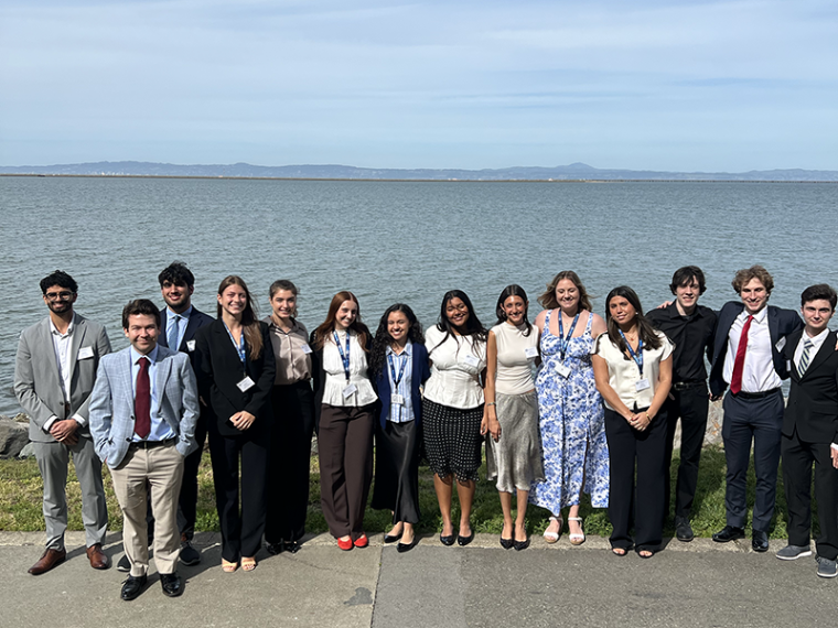 SCU’s Model United Nations delegates at the 75th Model United Nations Far West Conference. (Left to right) Nihaal Bhullar, Liam Putnam, Aarush Zarabi, Anna Holt, Grace Ford, Jade Haddad, Rachel Alonzo, Bella Rene, Laura Da Costa Locatelli, MJ Kaspura, Sofia Parodi, Evan Clegg, Lucas Licker, and Theo Beavan.