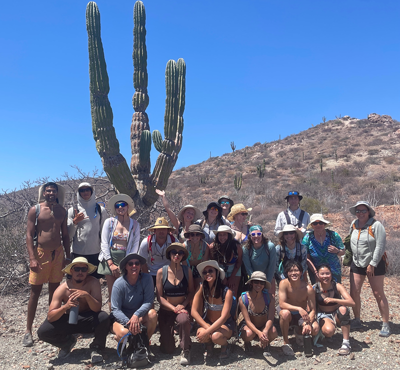 Baja students pause for a photo beneath a giant cardón during a hike on Isla Espíritu Santo.