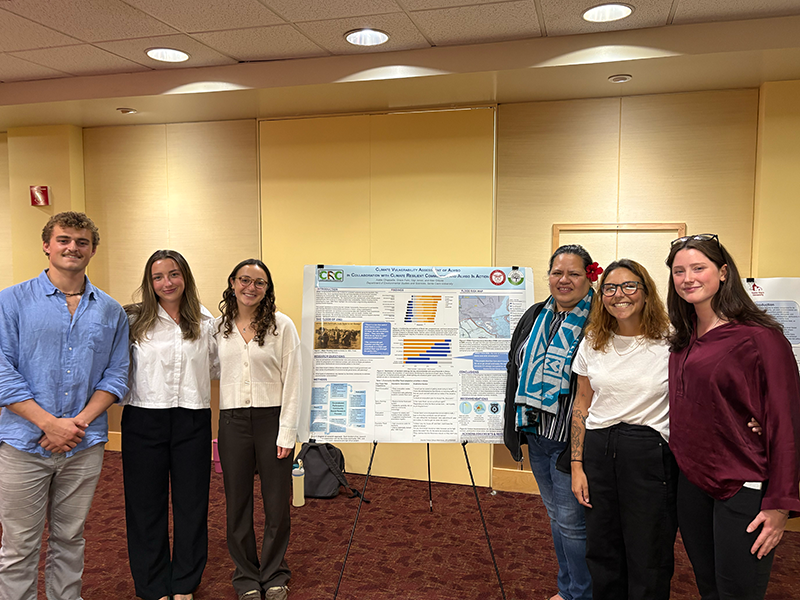 Students stand next to their poster