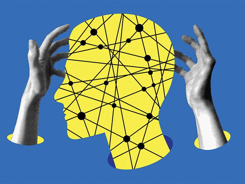 A yellow silhouette head with connected neurons