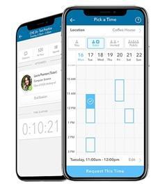 Two smartphones displaying the Penji app screens with a calendar and profile.
