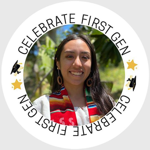 A person with a graduation stole, framed by Celebrate First Gen text.