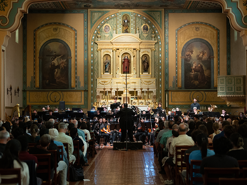 SCU Orchestra performing in Mission Santa Clara