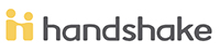 Logo of the word handshake with two yellow figures.