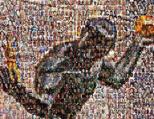 Mosaic depicting a person holding a small object. Title: Covid Losses Collage.