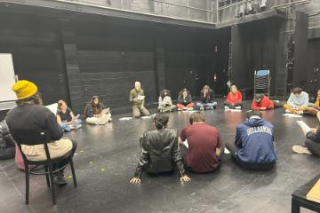 Students on the Fess Parker Stage reading text for overhead, a skylark called, the Sinatra Project 2025