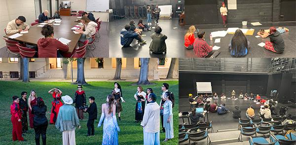5 photos showing faculty and students during the creation and rehearsal process of the new devised work overhead, a skylark called