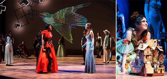 Onstage a woman in a long red dress with a train and a woman in a pale blue dress with a train stand in front of a lit outline of a flying bird; on the right, a woman in a plage green floral ballgown crouches behind a kooky bird house