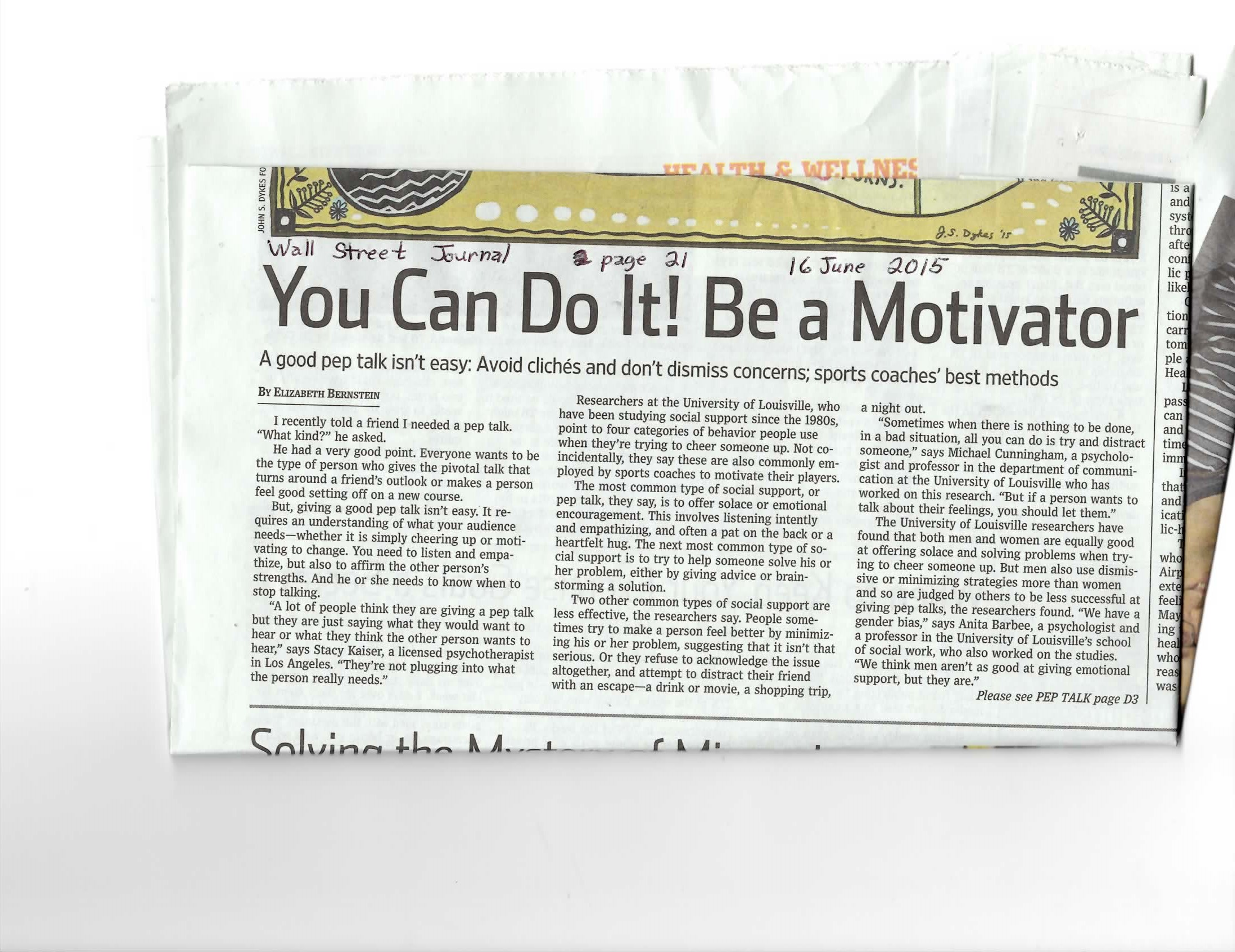 Newspaper clipping titled You Can Do It! Be a Motivator.