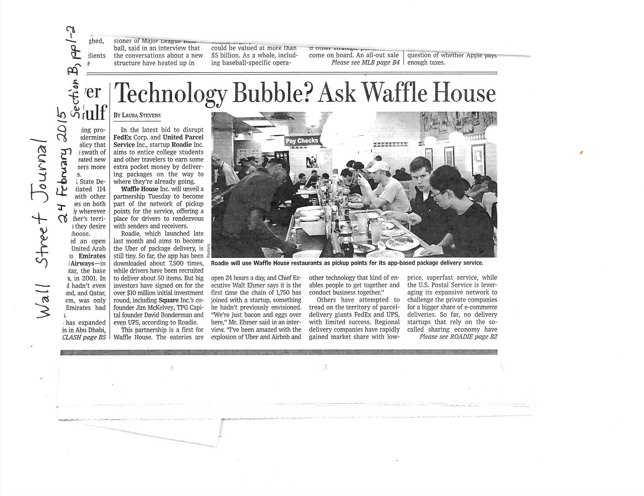 Newspaper article titled Technology Bubble? Ask Waffle House with an image of people dining in Waffle House.