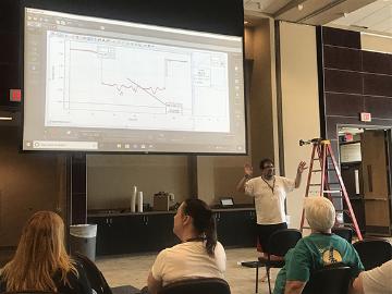 People watching a presentation titled Physics of Dance 2019b.