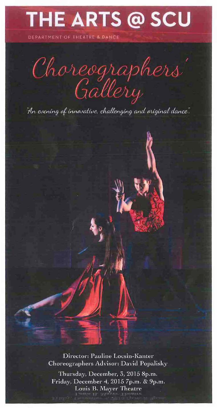 Choreographers Gallery poster with dancer in red and event details at the bottom.