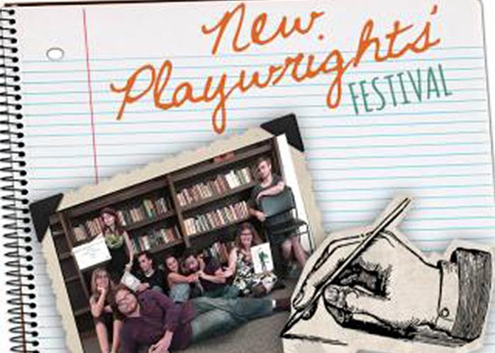 New Playwrights Festival 2018 text above images of a library and a stage set.