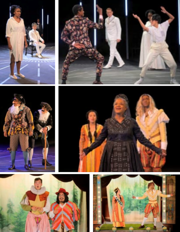 Collage of 6 A Winters Tale costume renderings and in performance at California Shakespeare, 2021