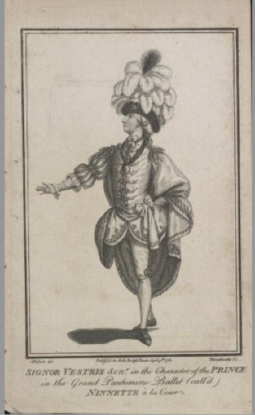 Gaetano Vestris as the Prince in the grand pantomime ballet Ninnette à la Cour, published in London in 1781