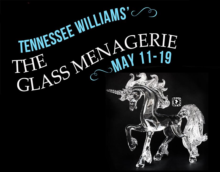 Glass Menagerie promotional poster, May 17-19, with dark background and floral centerpiece.