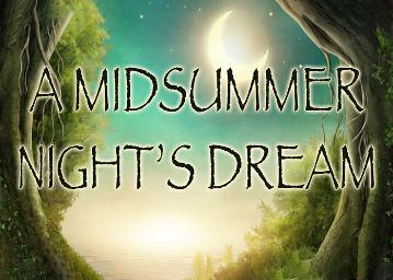 Text A Midsummer Nights Dream over a magical forest scene with a glowing moon.