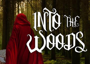 Red riding hood walking with back to us in dark woods
