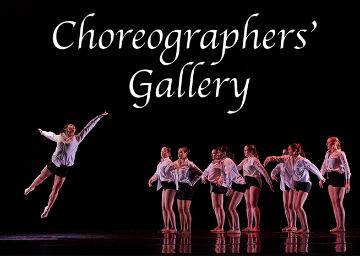 On the left a female dancer in white jumping, on the right 7 female dancers in white standing, with text Choreographers Gallery