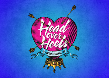 Pink heart with white text Head Over Heels within it, atop an upside down crown, on a bright blue background