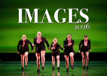 5 tap dancers in black sequined costumes dancing onstage witha brioght green background and white text above, Images 2026