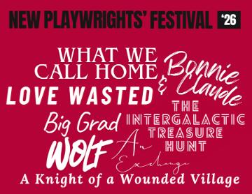 Titles on new plays written in white on a red background