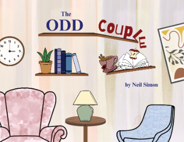 On a pale wood panel background, text The Odd Couple in navy with a red armchair on left, a side table with a lamp in the middle and a blue chair on the right
