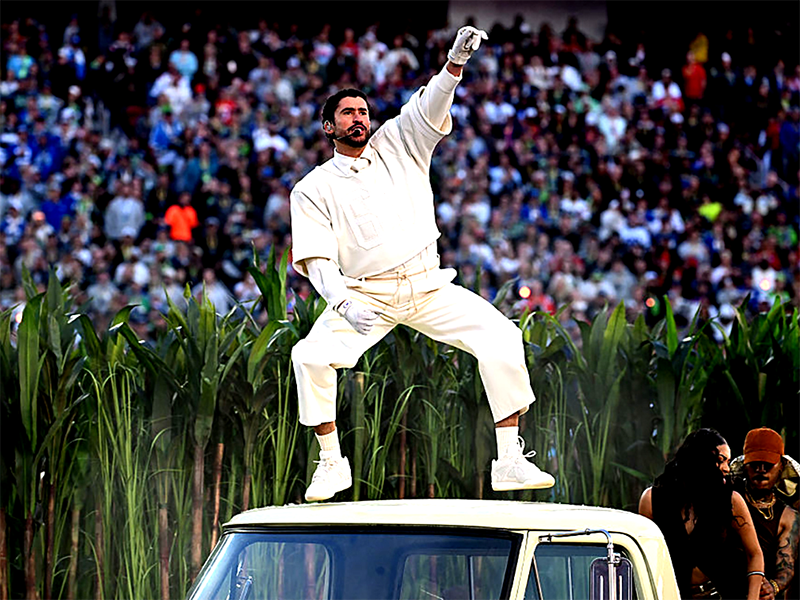Puerto Rican singer Bad Bunny performs during Super Bowl LX Patriots vs Seahawks Apple Music Halftime Show at Levis Stadium in Santa Clara, California on February 8, 2026. (JOSH EDELSON / AFP via Getty Images)