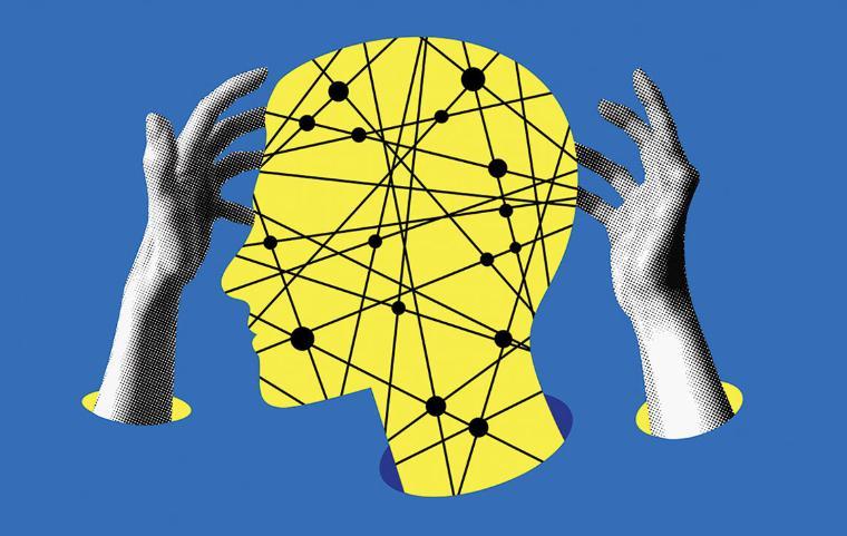 An illustration of human head with lines and dots representing connection and human hands surrounding it. 