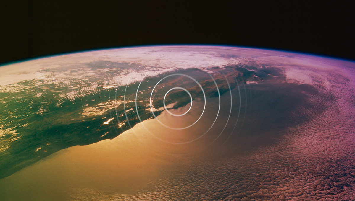 Ripples appear over a satellite image of the bay area with the center on Santa Clara.