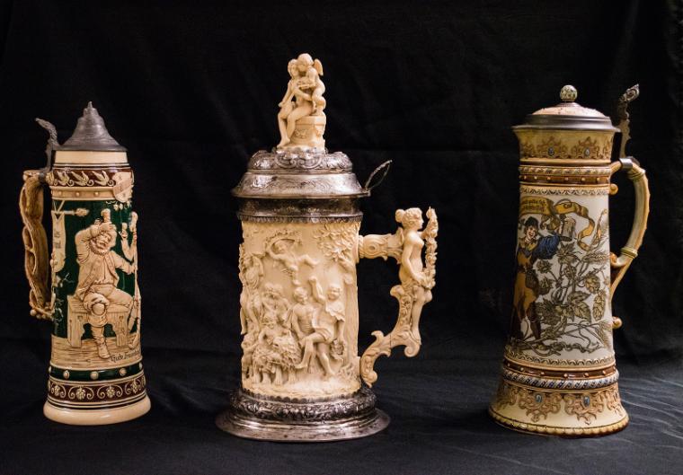 Three decorative beer steins from the museums collection.