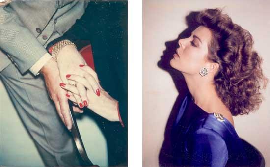 Close up of a man and womans hand clasped together. Polaroid of Caroline, Princess of Monaco with her head tilted back and eyes closed.