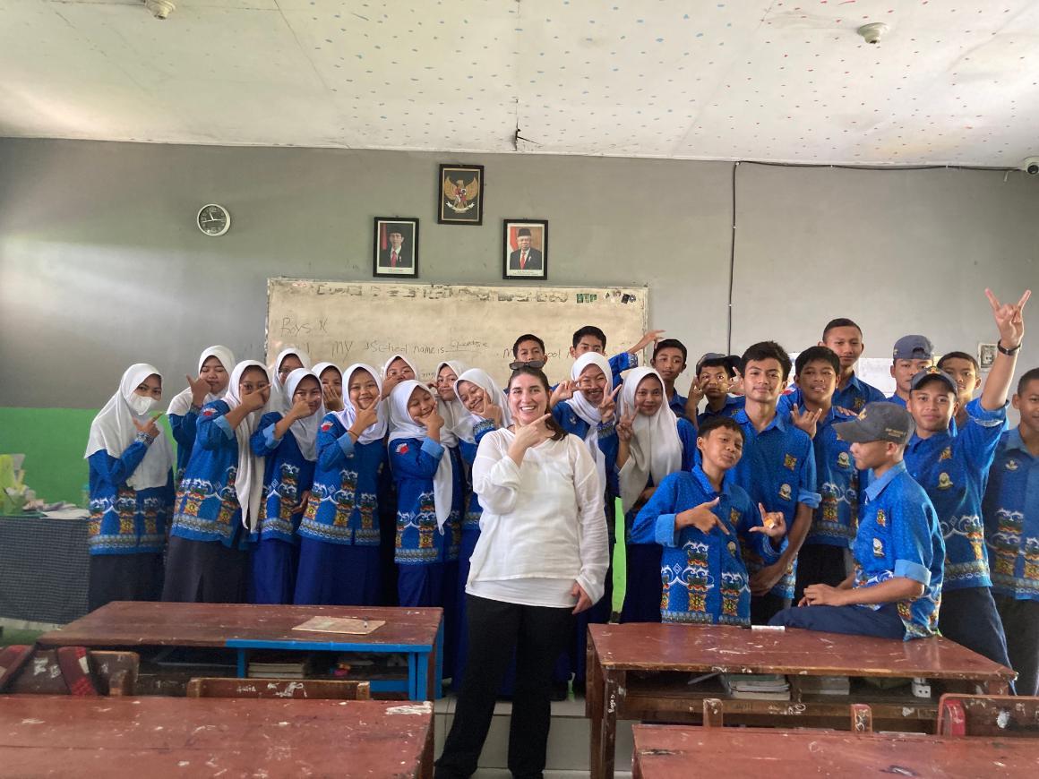 ECP student Kiara Stickney in a classroom in Indonesia. image link to story