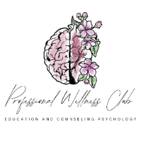 Logo for Education and Counseling Psychology Professional Wellness Club with an illustrated half brain half heart with flowers