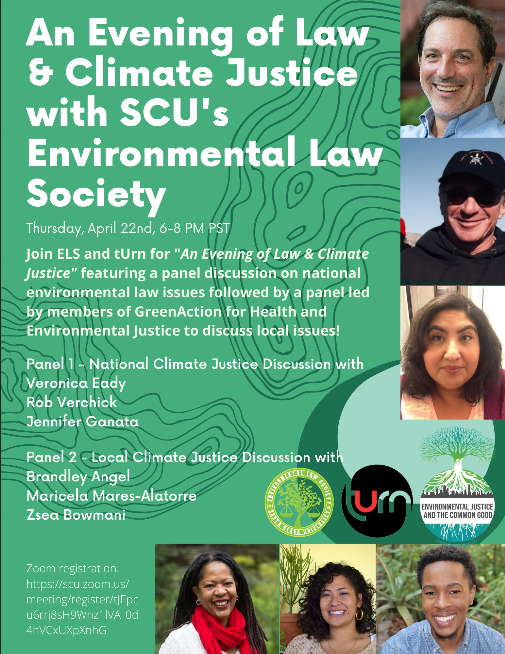 Flyer for An Evening of Law & Climate Justice with SGUs Environmental Law Society, April 22, 2021.