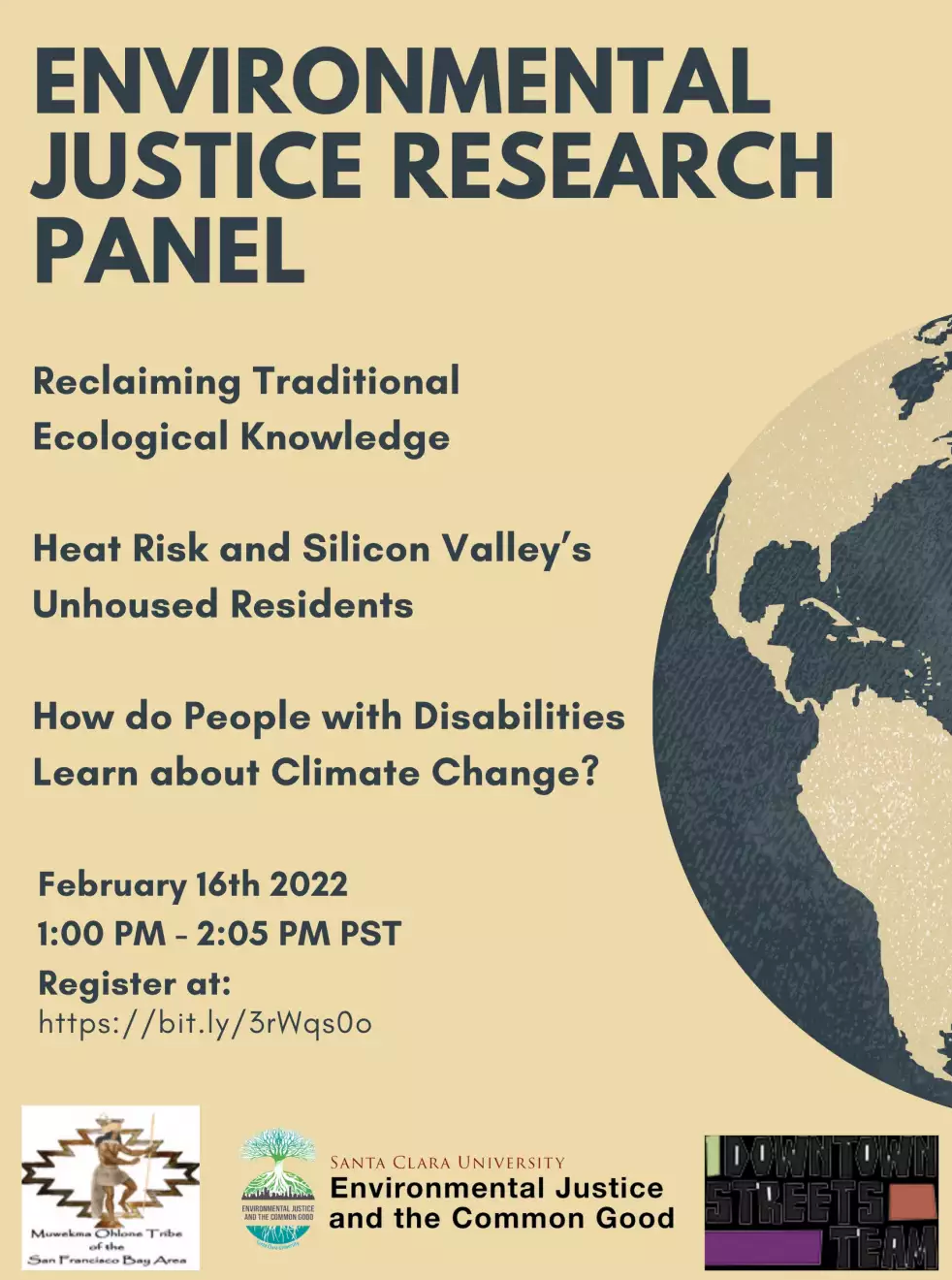 Environmental Justice Research Panel flyer with event details and organization logos.