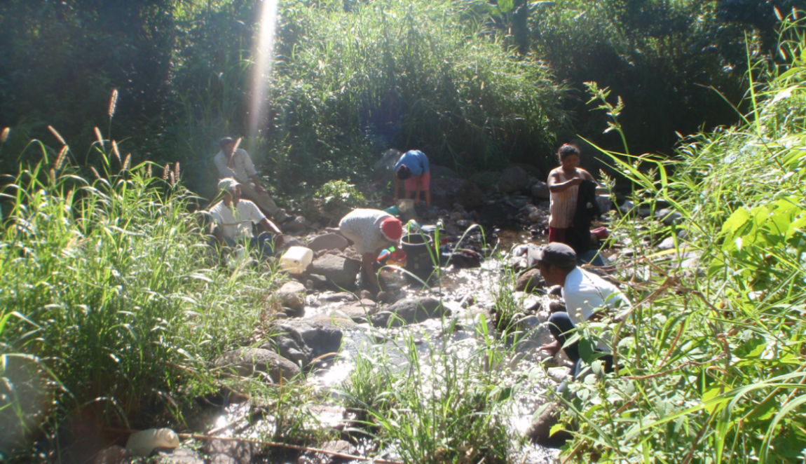 Several people gathered by rocky stream surrounded by lush green vegetation.