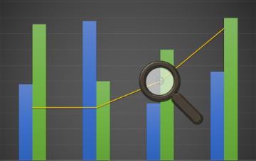 A generic bar graph featuring a trendline and a magnifying glass focused on one section