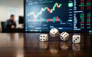 Dice. Computer screen showing risk, chance, investment, speculation trading. Blurred background with person sitting at desk with computer. Image generated with AI by Chopang.studio via Adobe Stock.
