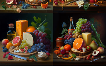 Midjourney image_oil painting still life with fruit nuts vegetables meat and cheese colorful