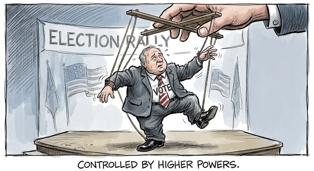 Voter at election rally shown attached to strings and being controlled like a puppet by a hand from above. Image created by Nicole using AI via Gemini